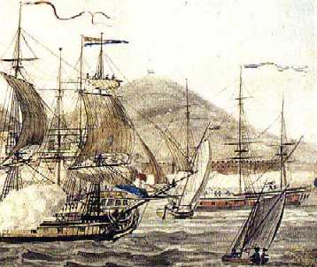 HMS Havick is the red ship in the background.  This detail is taken from a watercolour painted by Dirk de Jong in 1793