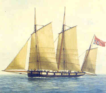 The Jersey privateer Pitt flying the union flag upside down indicating distress or the fact that she had been captured.  The Pitt was captured by the French frigate L'Amazone in 1781